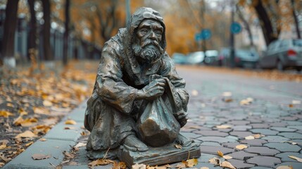 Bronze sculpture of a beggar in the city