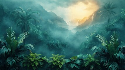 Fototapeta na wymiar Painting of a jungle landscape. Watercolor pattern wallpaper