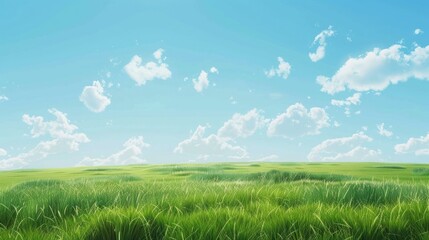 Fototapeta premium green field with blue sky. sunny day. beautiful sky, cloud, sun