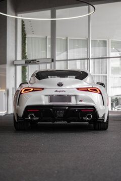 White Toyota Supra MK.5 rear end view, low angle - High Resolution Image