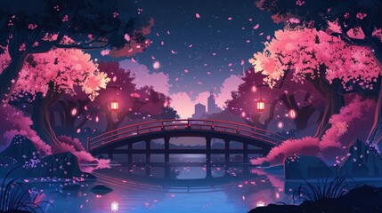Empty city park with a bridge over a pond or river. Pink cherry trees and lanterns at night