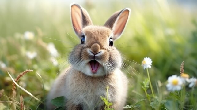 Surprised Funny Cute Bunny with Big Eyes on green grass and blue sky Background, Cute Animal Portrait