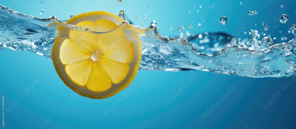 Poster a slice of lemon is slowly descending into the liquid, creating ripples on the surface of the electr