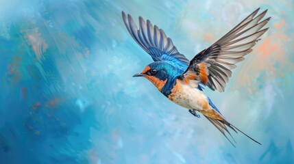 Fototapeta premium Flying barn swallow (rustica hirundo) in front of a blue background.