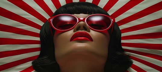 Surrealistic retro fashion woman in sunglasses on 60s 70s disco club pop art background