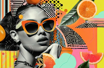Portrait of a beautiful woman in sunglasses on a colorful background. Vacation concept