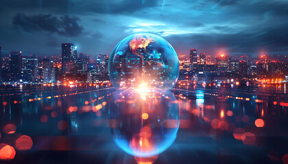 global media link connecting night city background, reflection, speed of light