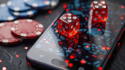 Transparent red dice and poker chips on smartphone screen Become a representative of online gambling Mobile betting