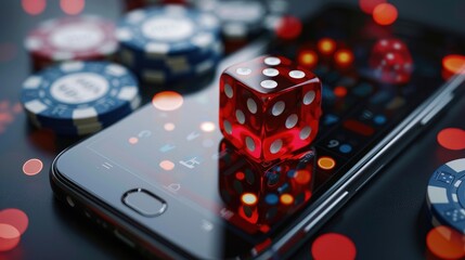 Transparent red dice and poker chips on smartphone screen Become a representative of online gambling Mobile betting