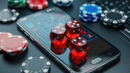 Transparent red dice and poker chips on smartphone screen Become a representative of online gambling Mobile betting