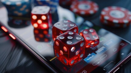 Transparent red dice and poker chips on smartphone screen Become a representative of online gambling Mobile betting