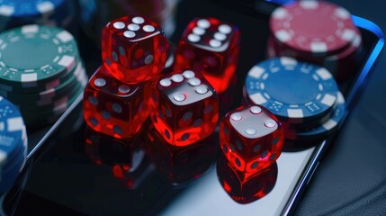 Transparent red dice and poker chips on smartphone screen Become a representative of online gambling Mobile betting