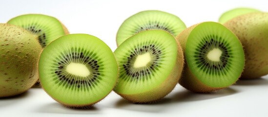 A line of Hardy kiwi fruits cut in half displayed on a white surface, showcasing their vibrant green color. The natural food is appealing to the eye