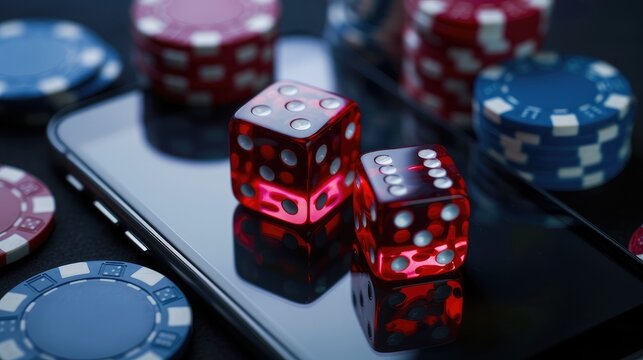 Transparent red dice and poker chips on smartphone screen Become a representative of online gambling Mobile betting - Powered by Adobe