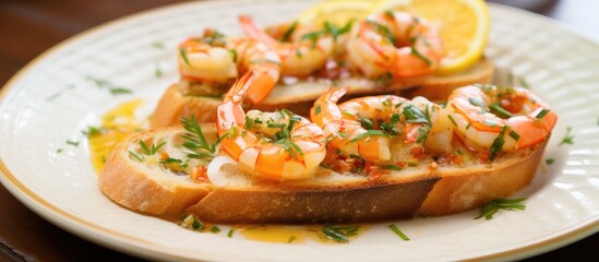 A closeup shot of a plate of shrimp on toast, a delicious finger food dish with baked goods. This cuisine staple is made with fresh seafood as the main ingredient