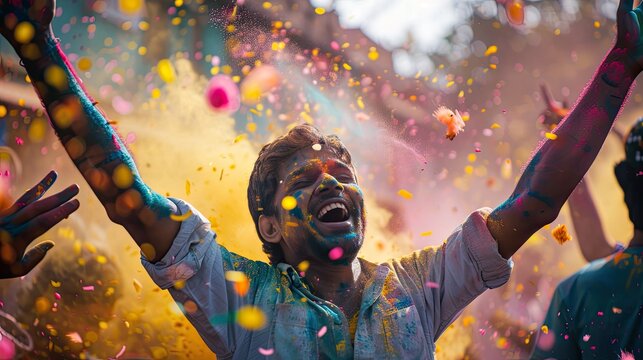 Holi festival. happy hindu indian people celebrate holi festival by throwing colorful powder at each other	
