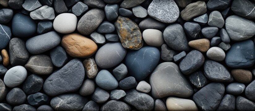 A collection of varioussized and colored rocks, including bedrock, cobblestones, and pebbles. Can be used as natural flooring material or building fixtures in a composite pattern