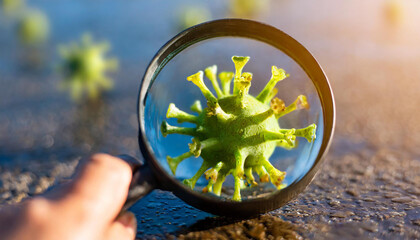 A conceptual photograph of a magnifying glass hovering over a surface with virus particles, symbolizing the need for close attention and vigilance in identifying and addressing viral contamination - obrazy, fototapety, plakaty