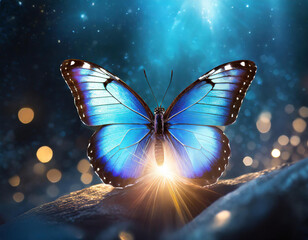 Majestic blue butterfly with a subtle glow, symbolizing transformation