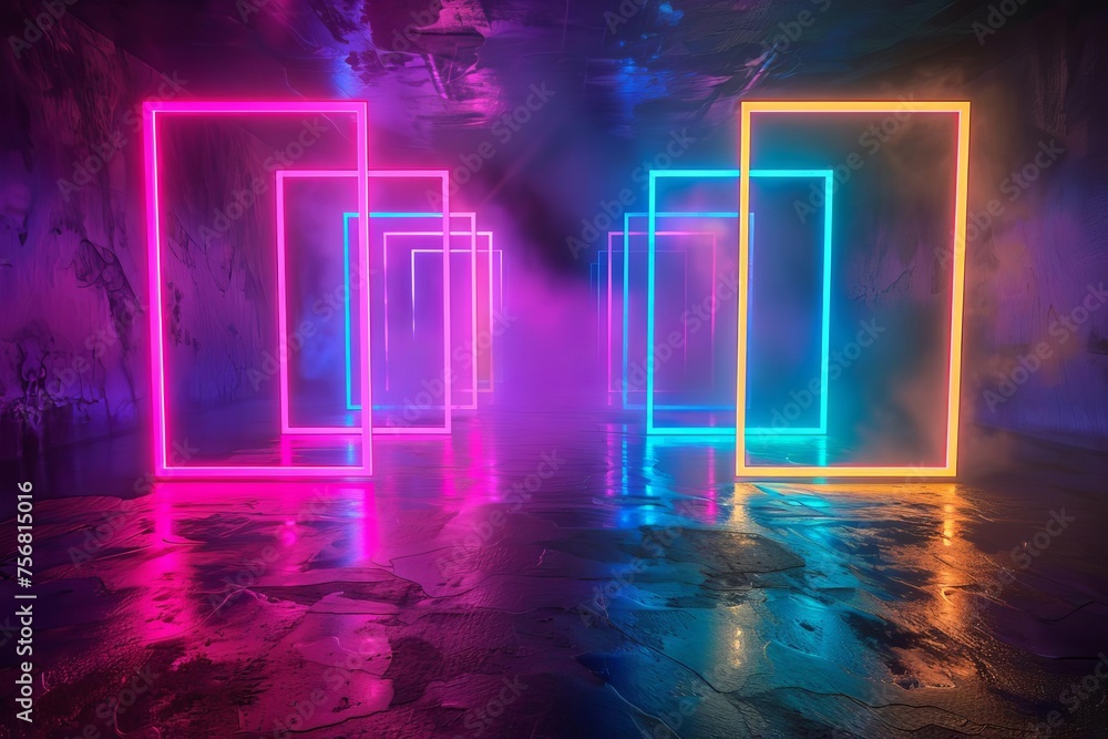 Aufkleber 3d render abstract background with multicolored neon geometric shapes