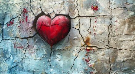 A broken red heart on a dry surface with cracks as a symbol of heartbreak and lovesickness. - obrazy, fototapety, plakaty