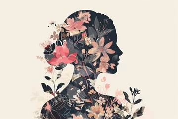 Poster Artistic illustration blending a female silhouette with floral patterns Celebrating femininity and nature © Bijac