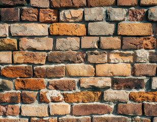 Textured surface of an aged brick wall with a variety of warm tones