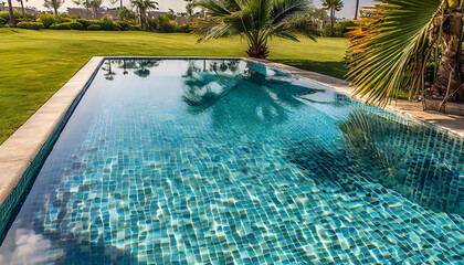 The electric blue water of the swimming pool reflects a palm tree, creating a stunning natural landscape art piece with a serene pattern and grass surroundings