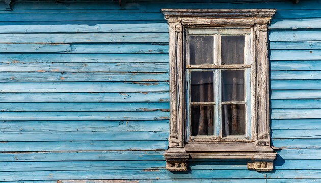 Textured blue wooden wall showing signs of weathering, with a single rustic window