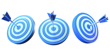 3d icon of blue arrow hitting the center of the dartboard. The bull's-eye arrow hit the target - obrazy, fototapety, plakaty
