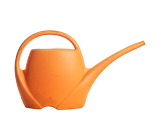 Orange color small size watering can on white isolated background. Simple design. Plastic product for home or garden use. Basic must have tool for growing vegetables and flowers