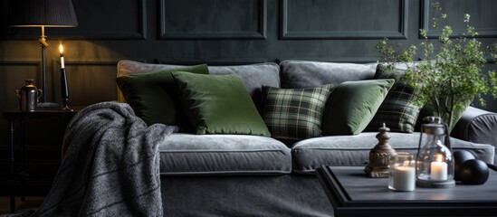 Fototapeta premium Gray velvet sofa and pillows in living room interior with green plaid and coffee table.