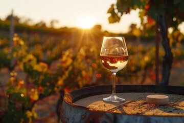 Elegant still life of a fine wine glass on an oak barrel Set against a vineyard backdrop during golden hour