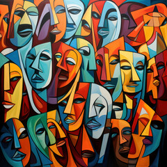 Vibrant cubist art presenting a kaleidoscopic array of abstract facial forms and expressions