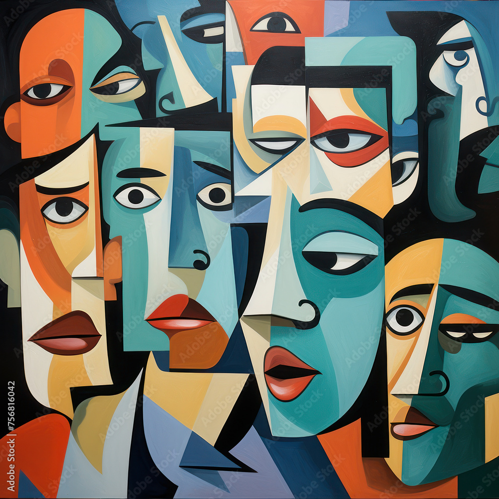 Poster a captivating array of human faces in a cubist style filled with vivid colors and emotion