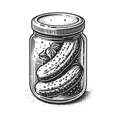 pickles in sealed glass jar, isolated on white, depicted in an engraved style. Sketch engraving generative ai vector illustration. Scratch board imitation. Black and white image. - obrazy, fototapety, plakaty
