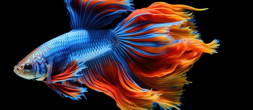 An electric blue betta fish with vibrant fins is gracefully swimming underwater, against a black background. This fluid organism embodies the beauty of marine biology