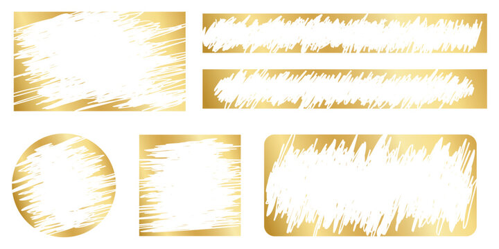 Set of golden scratch card surfaces with scraped textures isolated on white background. Collection of lotto winner, money prize, sale coupon, jackpot scratchcards templates. Vector illustration.