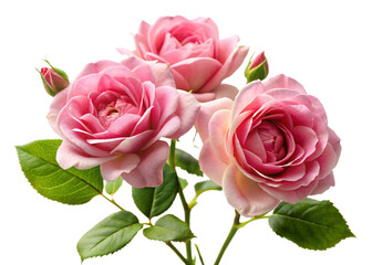 Beautiful pink roses in full bloom, with soft petals and green leaves, cut out on white background.