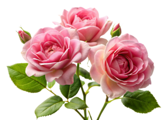 Beautiful pink roses in full bloom, with soft petals and green leaves, cut out on white background.