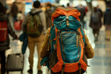 A vibrant backpack in focus amidst a bustling airport scene, symbolizing travel and adventure
