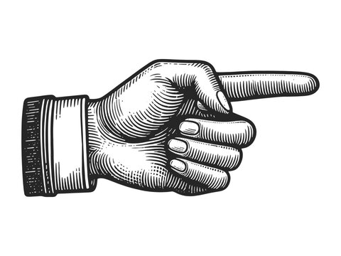Hand pointer with forefinger index finger sketch engraving generative ai fictional character vector illustration. Scratch board imitation. Black and white image.