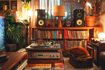 Vintage stereo system Classic vinyl record player in a cozy Retro-styled living room Collection of vinyls Warm ambient lighting - obrazy, fototapety, plakaty