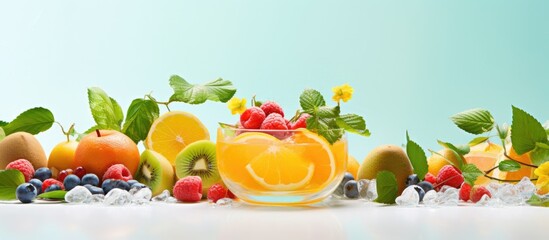 A refreshing glass of natural orange juice served with a variety of fresh fruit and ice on a table, creating a beautiful and delicious display of food art