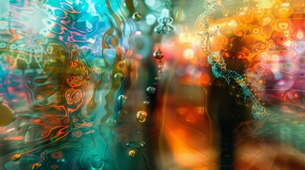 Glassmorphic digital art gallery with blurred artwork backgrounds and interactive exhibit details