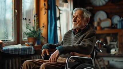 Fototapeta na wymiar Take care elderly. Portrait of lonely senior man in wheelchair at home. Elderly people. feeling sad and depressed looking window outside. 