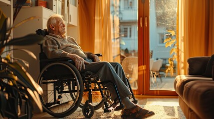 Take care elderly. Portrait of lonely senior man in wheelchair at home. Elderly people. feeling sad...