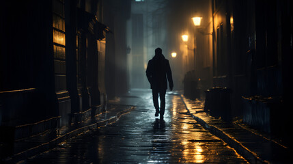 Fototapeta premium A single figure walks away into the misty glow of a rain-soaked, lamp-lit street - Generative AI