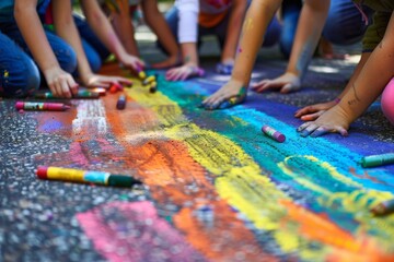 An image capturing a ground-level view of children's hands creating a colorful chalk masterpiece on the pavement