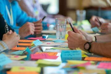 Group of professionals working together, sorting through colorful sticky notes on a large tabletop during a brainstorming session